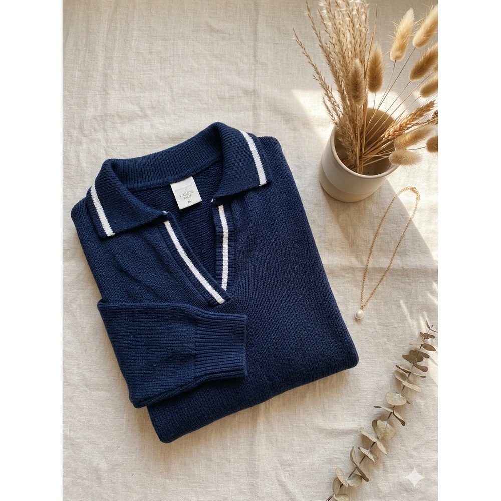 Victoria's Secret PINK Preppy Navy Blue Cropped Polo Knit Sweater Women's M